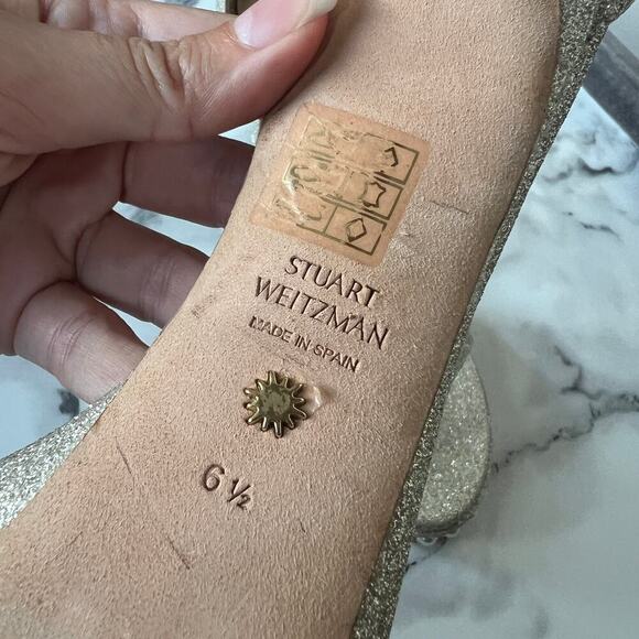 Stuart Weitzman Nudist Disco Pearl Gold Glitter Heels Size 6.5 - Picture 8 of 9